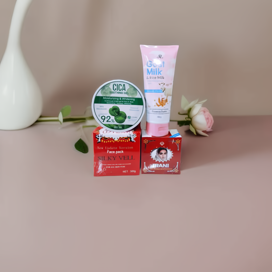 Irani Night Cream + Silky Vell Facepack + Goat Milk Facewash Combo with GIFT!